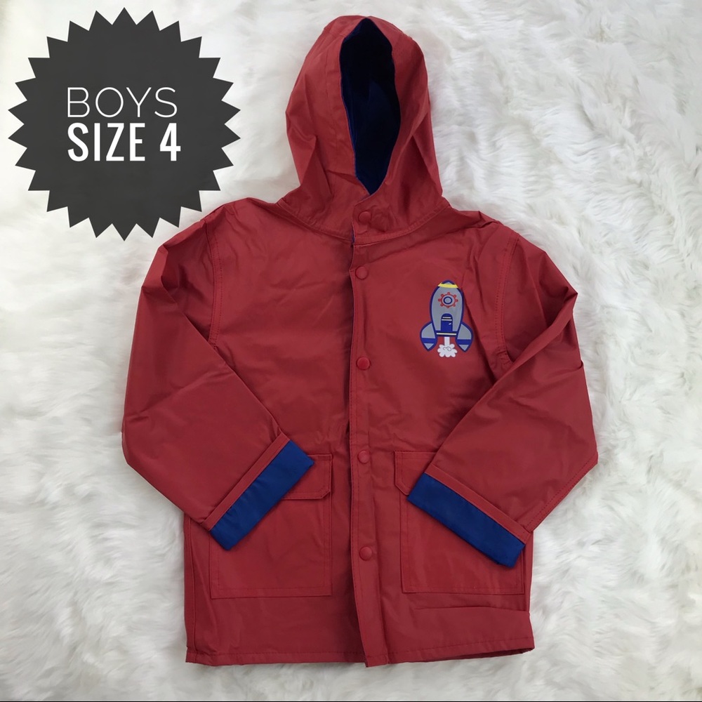 [wippette kids] Red Rocket Ship Raincoat Size 4 Boys Jacket Hood Blue